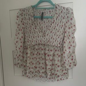 Anthropologie White Blouse with Pink Floral Print